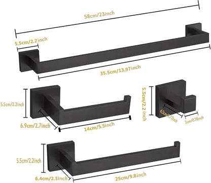 4-Piece Bathroom Hardware Set, Towel Rack Towel Bar Towel Holder Toilet Paper Holder Matte Black Towel Hooks Modern Square Stainless Steel Wall Mounted Bathroom Accessories Set, 23inch