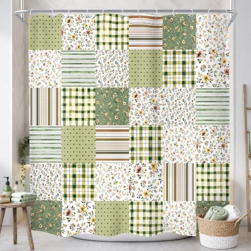 MESHELLY Dark Green Floral Patchwork Shower Curtain 72Wx72H Vintage Checkered Sage Plaid Striped Country Gingham Bathroom Curtain Farmhouse Bath Curtain Bathroom Accessories Decor with 12 Hooks