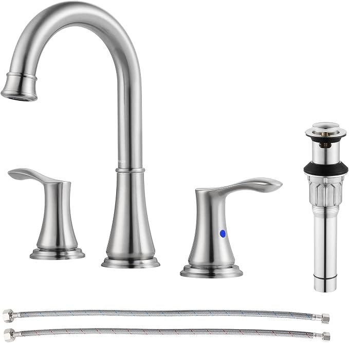 Brushed Nickel Widespread Bathroom Sink Faucet 8 Inch for Vanity | with All Metal Pop Up Drain, High Arc 2 Handle Lead-Free Deck Mount Bathroom Faucet for 3 Hole Lavatory Utility Sink