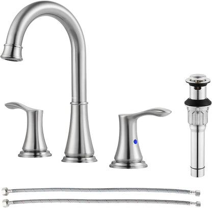 Brushed Nickel Widespread Bathroom Sink Faucet 8 Inch for Vanity | with All Metal Pop Up Drain, High Arc 2 Handle Lead-Free Deck Mount Bathroom Faucet for 3 Hole Lavatory Utility Sink