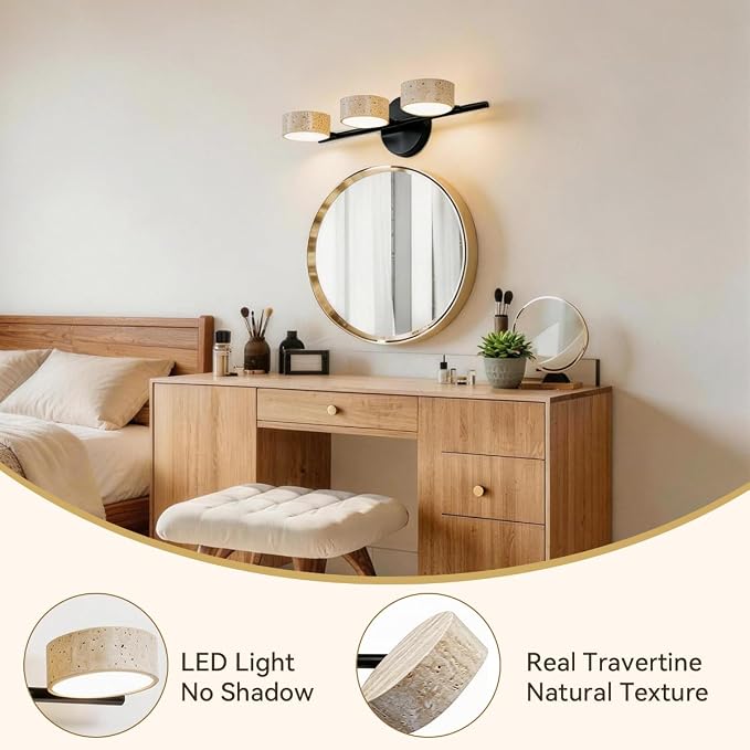 Led Bathroom Lighting Fixtures Over Mirror with 3 Travertine Shades,Vanity Lights Wall Lamp, 180° Rotatable Stone Lampshades Bathroom Lights, Modern Farmhouse Stone Sconces Black