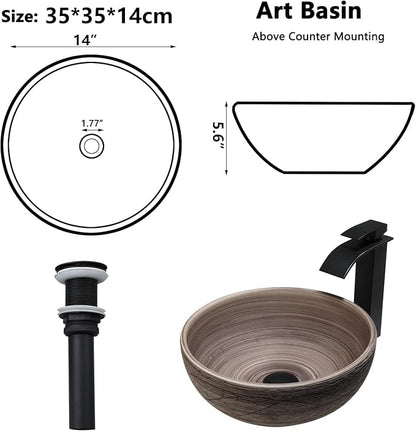 14 Inch Ceramic Bathroom Vessel Sink, Matte Black-Brown Round | Above Counter, With Faucet and Pop Up Drain Combo, Sinks Bowl for Vanity, Porcelain Art Basin, Easy Clean and Install