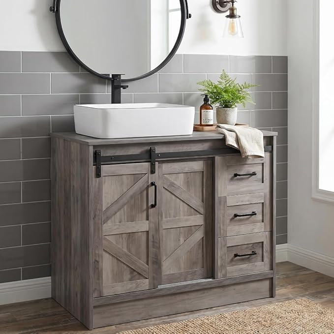 36" Farmhouse Bathroom Vanity with Sink, Bathroom Storage Cabinet with Sliding Barn Doors & Drawers, Freestanding Vanity with White Ceramic Vessel Sink Combo Set
