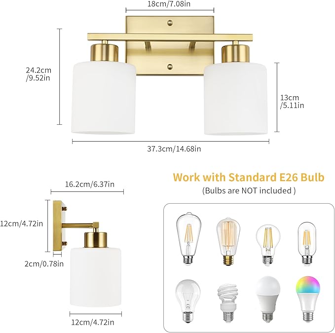 WILON 2 Light Brushed Gold Vanity Light, Bathroom Vanity Lighting Fixtures with Milk White Frosted Glass Shades, Modern Vanity Lights Over Mirror, E26 Wall Sconce for Restroom Living Room Bedroom
