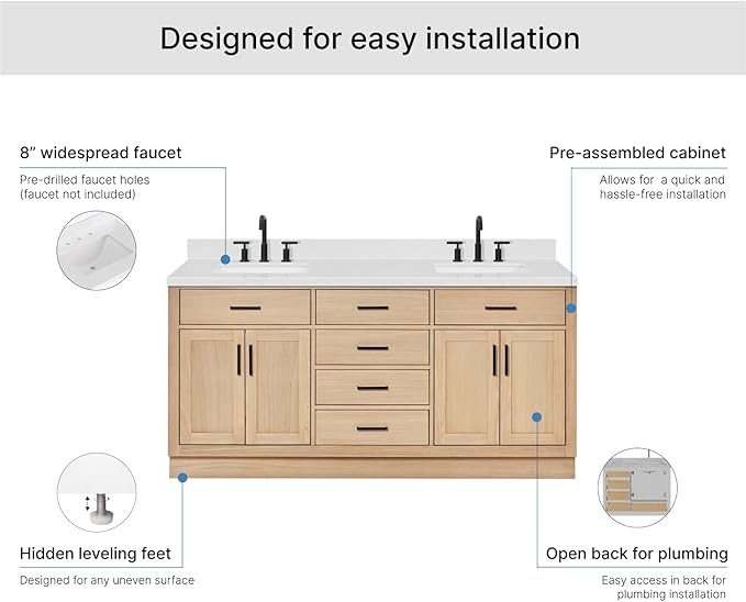 ARIEL Hepburn 72-inch Bathroom Vanity with Sink,Solid Wood, 1.5-inch Carrara White Quartz Countertop, Double Rectangular Porcelain Sink, 4 Soft Closing Doors, 6 Dovetail Drawers, White Oak