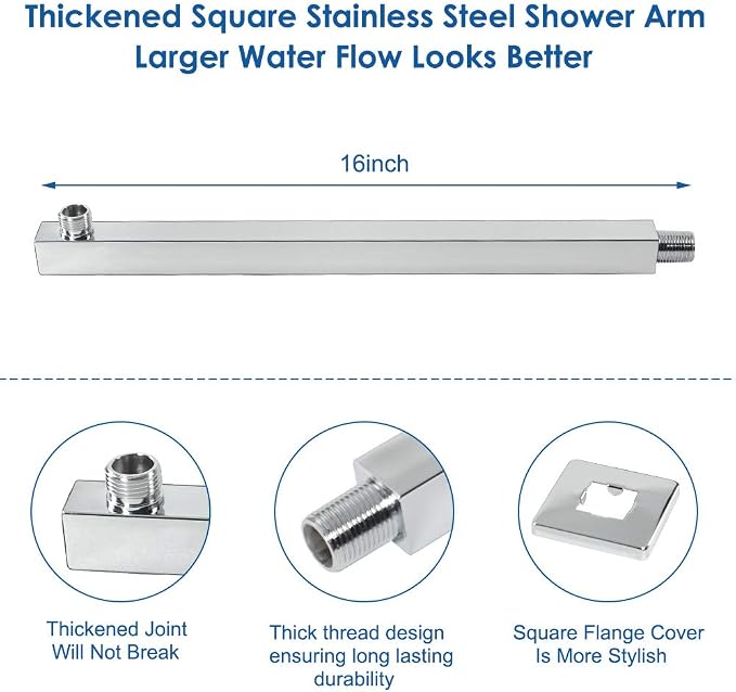 Shower Head with Extension Arm, High Pressure Square with ShowerArm, Stainless Steel Rainfall -Waterfall Full Body Coverage (12'' Shower with 16'' Arm, Chrome)