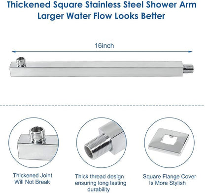 Shower Head with Extension Arm, High Pressure Square with ShowerArm, Stainless Steel Rainfall -Waterfall Full Body Coverage (12'' Shower with 16'' Arm, Chrome)