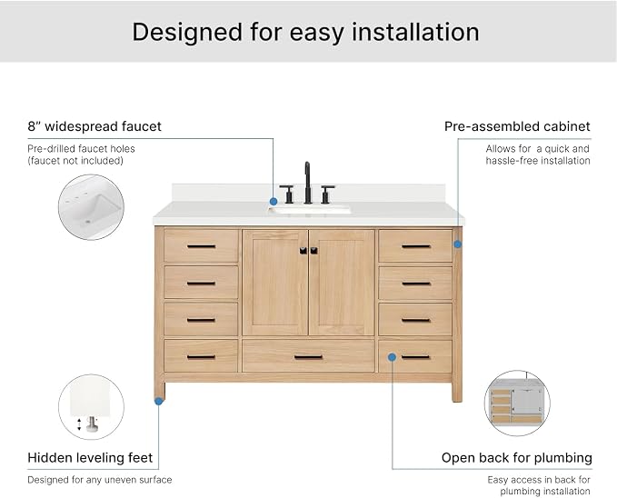 ARIEL Cambridge 60-inch Bathroom Vanity with Sink,Solid Wood, 1.5-inch Pure White Quartz Countertop, Single Rectangular Porcelain Sink, 2 Soft Closing Doors, 9 Dovetail Drawers, White Oak