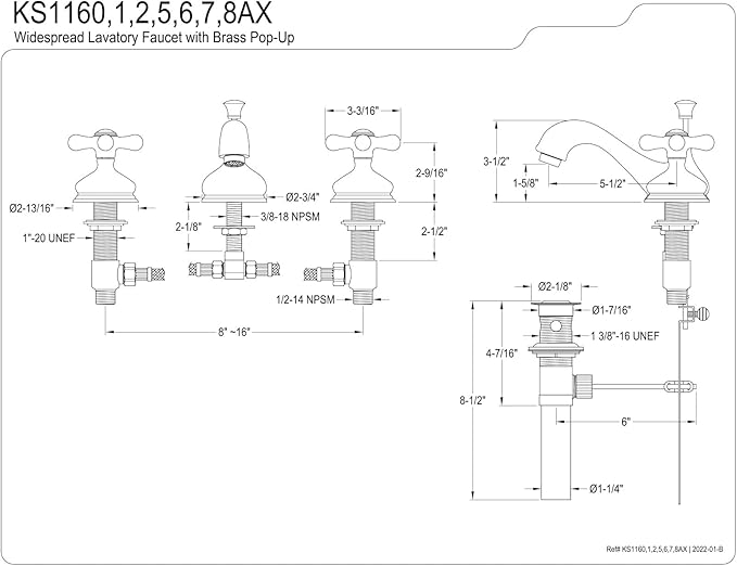 Kingston Brass KS1165AX Heritage Widespread Lavatory Faucet with Metal Cross Handle, Oil Rubbed Bronze
