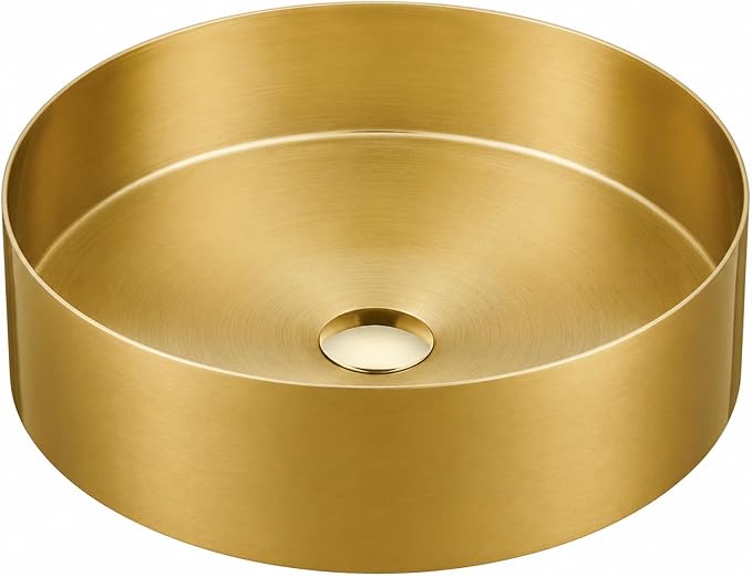 Brushed Gold Bathroom Vessel Sink: 16" Modern Round Countertop Washbasin | Above Counter Lavatory Basin with Stainless Steel PVD Coating Pop Up Drain for Home Hotel Office Toilet Decoration Remodeling
