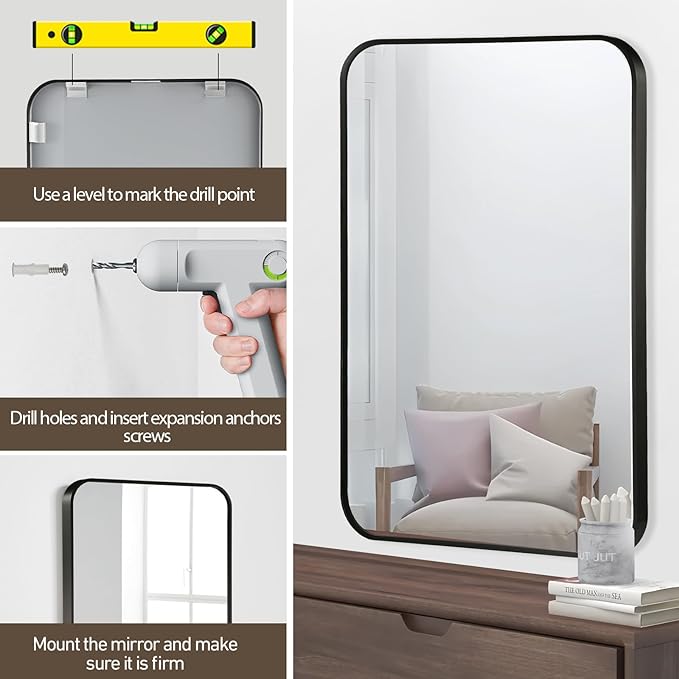 Black Bathroom Mirror, 22x30 Inch Matte Black Mirror, Aluminum Alloy Framed Vanity Mirror, Rounded Rectangle Mirror for Over Sink, Anti-Rust Wall Mirror (Horizontally or Vertically)