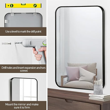 Black Bathroom Mirror, 22x30 Inch Matte Black Mirror, Aluminum Alloy Framed Vanity Mirror, Rounded Rectangle Mirror for Over Sink, Anti-Rust Wall Mirror (Horizontally or Vertically)