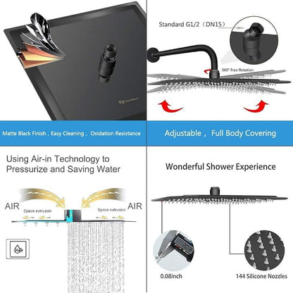 NearMoon Square Rain Shower Head With Extension Arm, Large Stainless Steel Rainfall Shower-Waterfall Full Body Coverage (16 Inch, Matte Black)