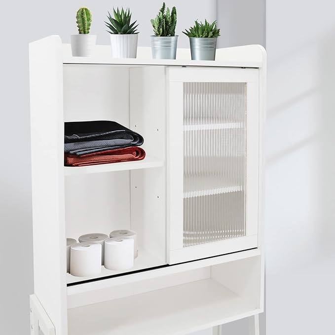 Over Toilet Storage Cabinet Organizer for Bathroom, Over Toilet Shelf, Freestanding Space Saver with Adjustable Shelves, Acrylic Sliding Door, Wide Open Shelf, 2 Hooks, Classic White