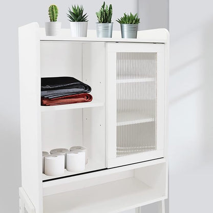 Over Toilet Storage Cabinet Organizer for Bathroom, Over Toilet Shelf, Freestanding Space Saver with Adjustable Shelves, Acrylic Sliding Door, Wide Open Shelf, 2 Hooks, Classic White