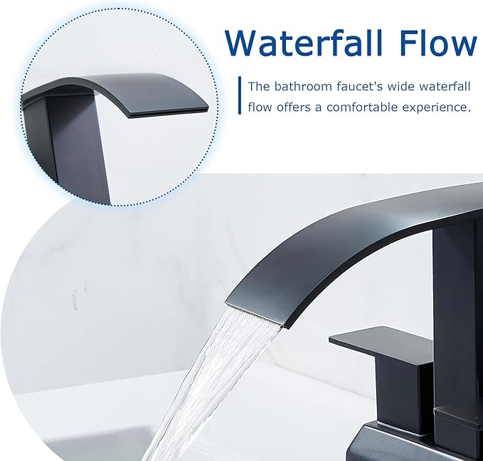 SHACO Black Bathroom Faucet, 4 Inch Centerset Bathroom Faucet 3 Hole, Matte Black 2 Handle Waterfall Bathroom Sink Faucet with Pop Up Drain and Supply Hoses, SC-ZTS004B-NEW
