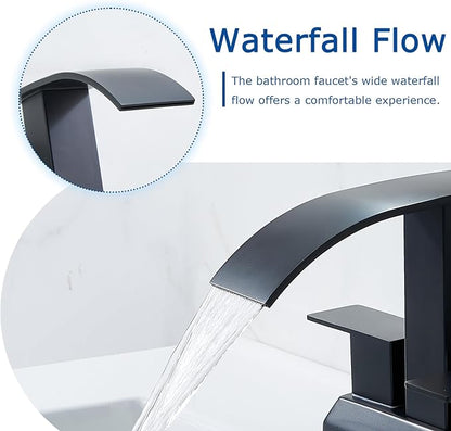 SHACO Black Bathroom Faucet, 4 Inch Centerset Bathroom Faucet 3 Hole, Matte Black 2 Handle Waterfall Bathroom Sink Faucet with Pop Up Drain and Supply Hoses, SC-ZTS004B-NEW