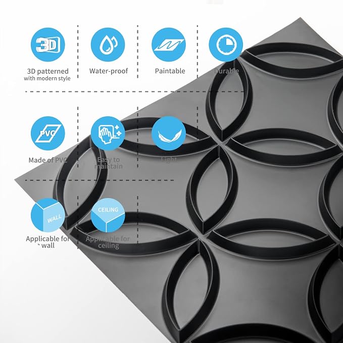 Art3d PVC 3D Wall Panel Interlocked Circles in Matt Black Cover 32 Sq.ft, for Interior Ceiling and Wall Decor for Residential or Commerical | Waterproof, Scratch Resistant, Wall & Ceiling Decor Panels, Ideal for Commercial Spaces