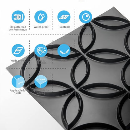 Art3d PVC 3D Wall Panel Interlocked Circles in Matt Black Cover 32 Sq.ft, for Interior Ceiling and Wall Decor for Residential or Commerical | Waterproof, Scratch Resistant, Wall & Ceiling Decor Panels, Ideal for Commercial Spaces