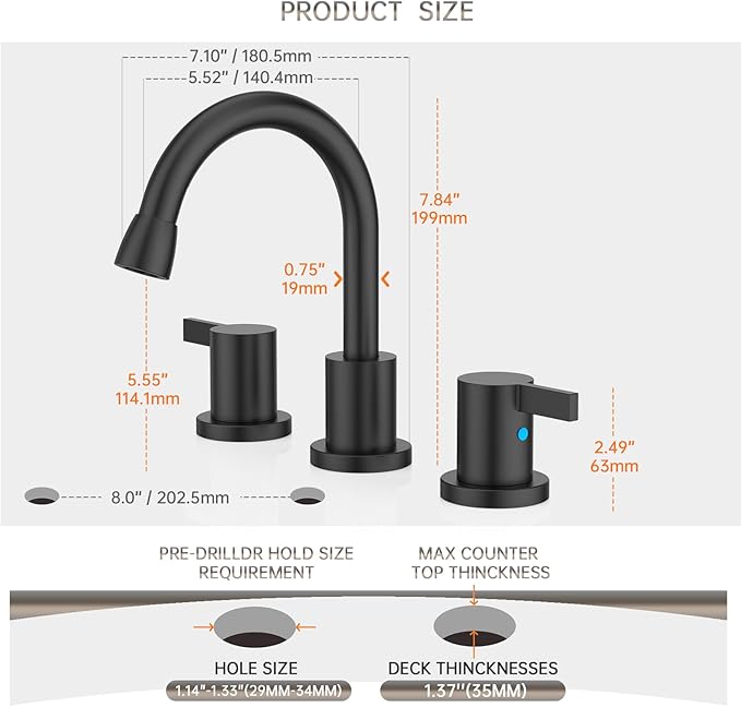 Phiestina Pull Down Sprayer Matte Black Widespread Bathroom Sink Faucet, 8 Inch 2 Handles 3 Hole Pull Out Bathroom Faucet，with Metal Pop-Up Drain and Water Supply Line，BF04012-K01-MB