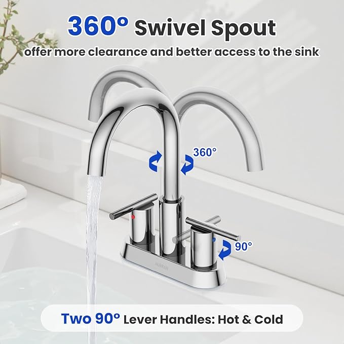 Hurran 4 Inch Bathroom Faucet for Sink 3 Hole, Chrome Bathroom Faucet with Pop-up Drain and 2 Supply Hoses,Stainless Steel Lead-Free 2-Handle Centerset Faucet for Sink Vanity RV