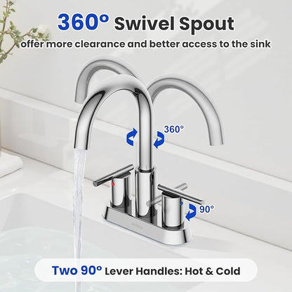 Hurran 4 Inch Bathroom Faucet for Sink 3 Hole, Chrome Bathroom Faucet with Pop-up Drain and 2 Supply Hoses,Stainless Steel Lead-Free 2-Handle Centerset Faucet for Sink Vanity RV