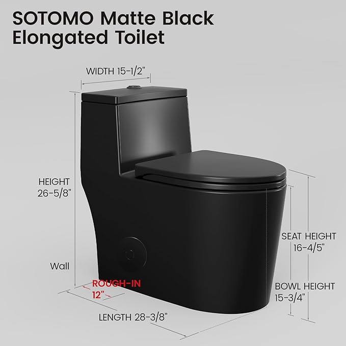 Black One Piece Toilet for Bathroom, Avg. 1.28 GPF Elongated Comfortable Seat Height Powerful Dual Flush Toilet, 12" Rough-In Skirted Toilet with Quick Release & Soft Close UF Seat, MAP 1000G