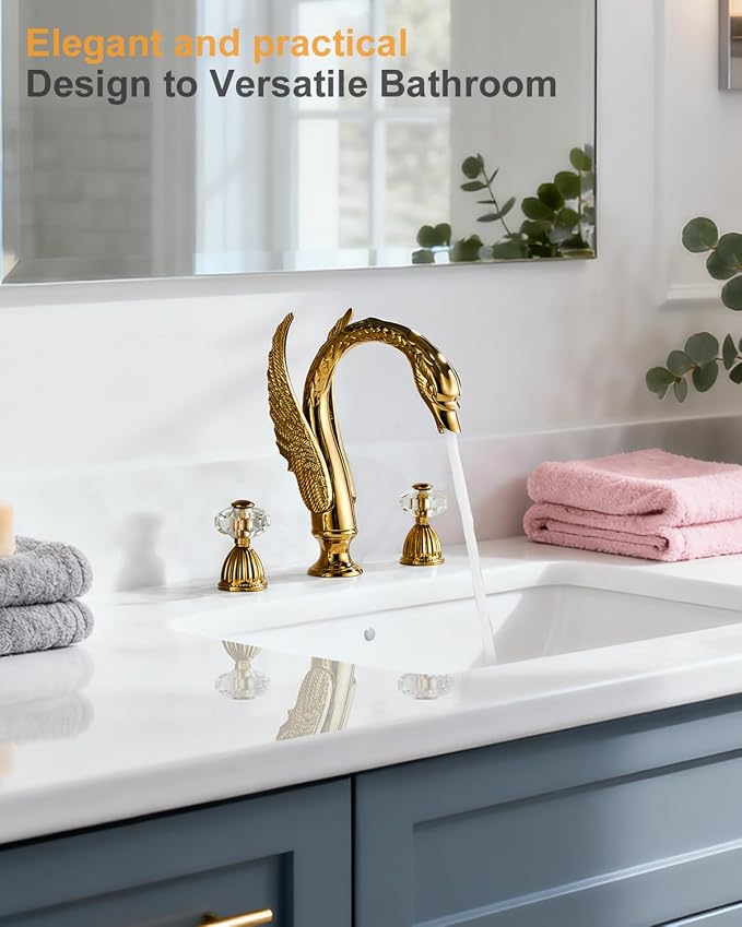 Swan Crystal Gold 3 Hole Vanity Brass 2 Handles 8 inch Cool Copper Widespread Unique Bathroom Sink Faucets, Ornate Restroom Taps Fixtures, 3 Pieces Bird Style Faucets (3 Hole, Golden)