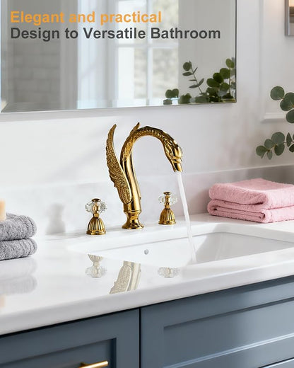 Swan Crystal Gold 3 Hole Vanity Brass 2 Handles 8 inch Cool Copper Widespread Unique Bathroom Sink Faucets, Ornate Restroom Taps Fixtures, 3 Pieces Bird Style Faucets (3 Hole, Golden)