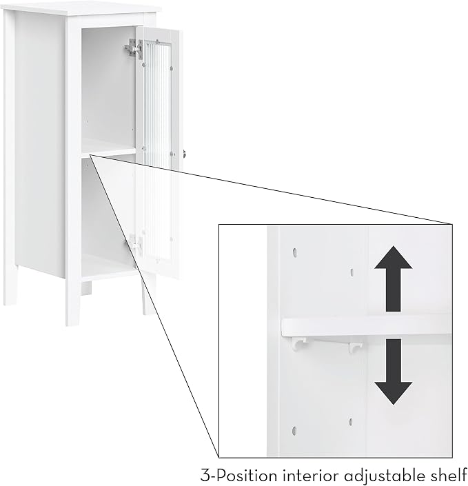 RiverRidge Prescott Slim Bathroom Linen Storage Cabinet, White | Versatile Narrow Organizer with Reeded Glass Door, Adjustable Shelves, Soft-Close Hinges