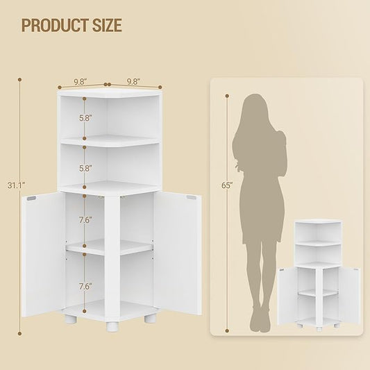 Corner Cabinet, Small Bathroom Corner Cabinet with Doors, Narrow Storage Cabinets with Adjustable Shelves, Bathroom Organizers and Storage for Small Space, White BC21003X