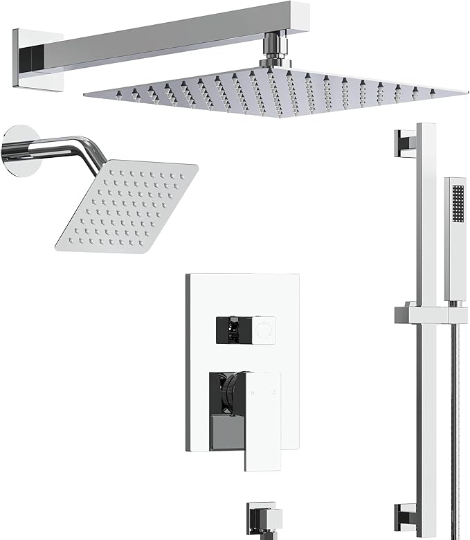 10" High-Pressure Rainfall Shower Faucet with Handheld Spray, Wall Mount Dual Shower Head System with Slide Bar (Polished Chrome)