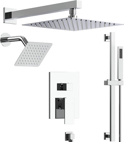 10" High-Pressure Rainfall Shower Faucet with Handheld Spray, Wall Mount Dual Shower Head System with Slide Bar (Polished Chrome)