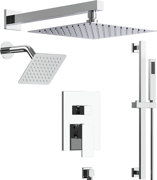10" High-Pressure Rainfall Shower Faucet with Handheld Spray, Wall Mount Dual Shower Head System with Slide Bar (Polished Chrome)