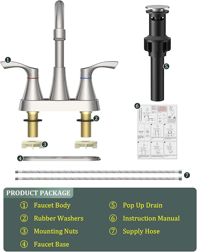 2 Pack Brushed Nickel Bathroom Faucet 3 Hole, Evolvegoods 4 Inch Stainless Steel Bathroom Sink Faucet, 2 Handle Centerset Faucet for Bathroom Sink Vanity, with Pop Up Drain and 2 Supply Hoses