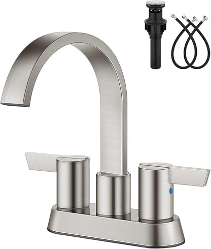 Aolemi Bathroom Faucets for Sink 3 Hole,4 Inch Centerset Waterfall Faucet 2 Handle for Bathroom Sink with Pop-Up Drain and Supply Lines Brushed Nickel