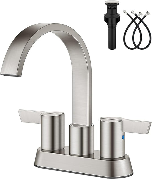 Aolemi Bathroom Faucets for Sink 3 Hole,4 Inch Centerset Waterfall Faucet 2 Handle for Bathroom Sink with Pop-Up Drain and Supply Lines Brushed Nickel