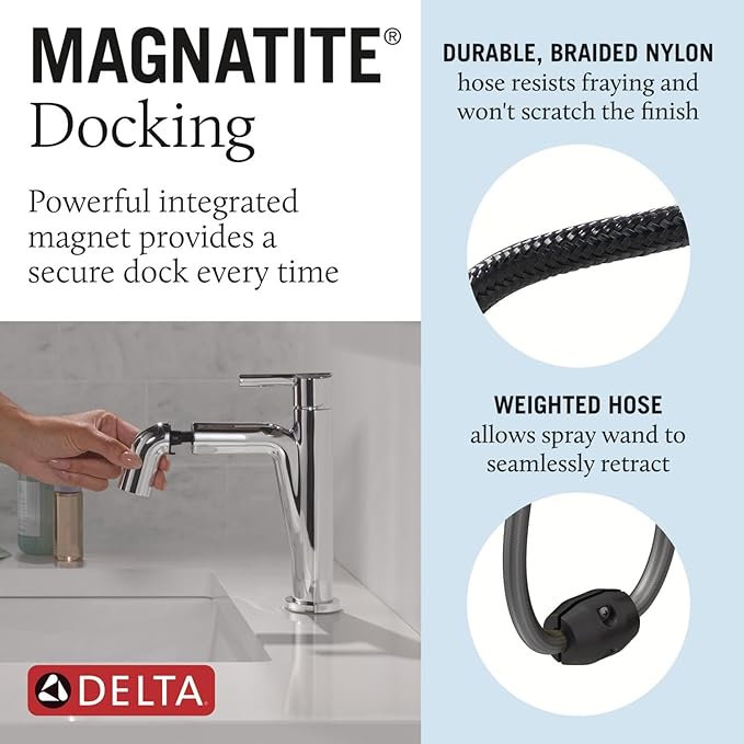 Delta Nicoli 1 Hole Pull Down Bathroom Faucet with Sprayer, Chrome Single Hole Bathroom Sink Faucet with Pull Out Sprayer for Vanity, Metal Push-Pop Drain, Chrome 15849LF-PD
