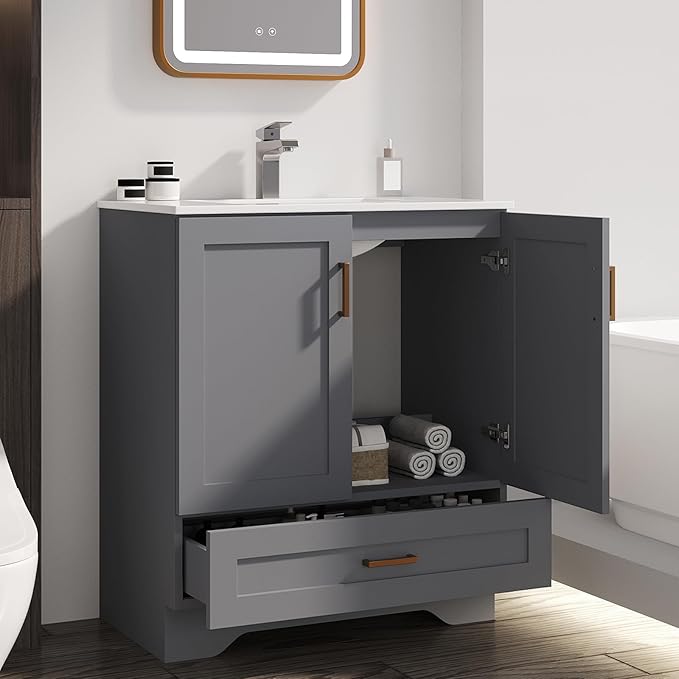 30 inch Bathroom Vanity with Sink, Modern Grey Vanity for Bathroom with Undermount Ceramic Sink, Freestanding 2-Door & 1-Drawer Storage Cabinet, for Small Bathroom Space, (Grey, 30")