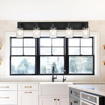 5-Lights Farmhouse Bathroom Vanity Light in Black Finish Wall Mount Lighting Fixtures with Seeded Glass for Mirror Cabinet Kitchen Bedroom