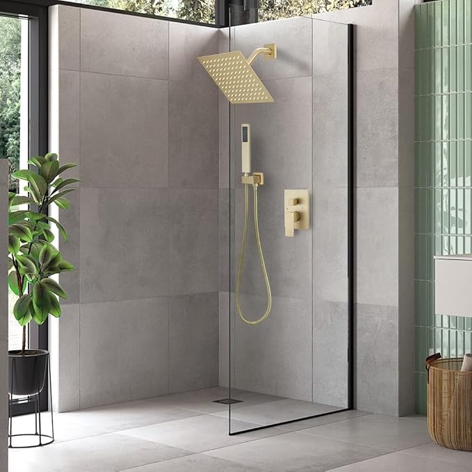 Brushed Gold Shower System 8 Inch Bathroom Luxury Rain Mixer Shower Combo Set Wall Mounted Rainfall Shower Head and Handheld System Shower Faucet Set Rough-in Valve Body and Trim Included