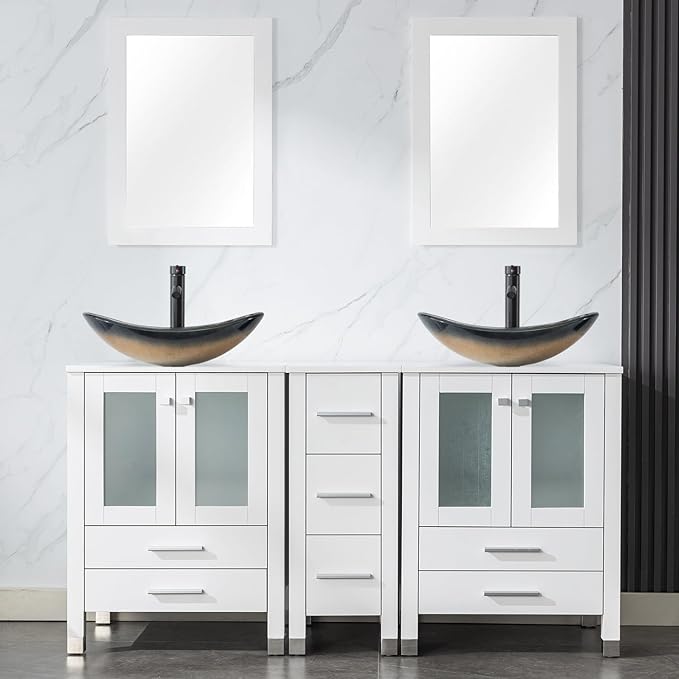 LUCKWIND 60" Double 24" Bathroom Vanity with Sink Combo, Elegant Series with One 12.6-in Side Cabinet, Painted Frame, Including Champagne Boat Sinks, Faucets Without Mirrors, White