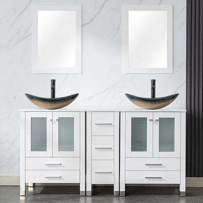 LUCKWIND 60" Double 24" Bathroom Vanity with Sink Combo, Elegant Series with One 12.6-in Side Cabinet, Painted Frame, Including Champagne Boat Sinks, Faucets Without Mirrors, White