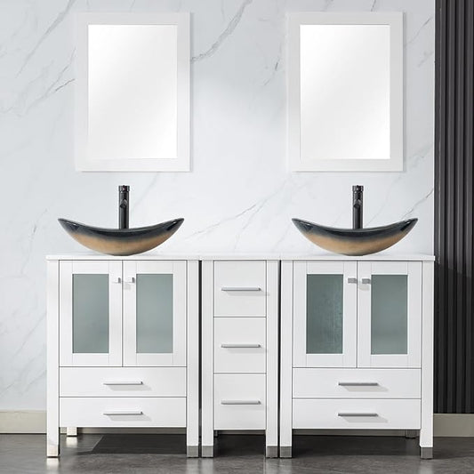 LUCKWIND 60" Double 24" Bathroom Vanity with Sink Combo, Elegant Series with One 12.6-in Side Cabinet, Painted Frame, Including Champagne Boat Sinks, Faucets Without Mirrors, White