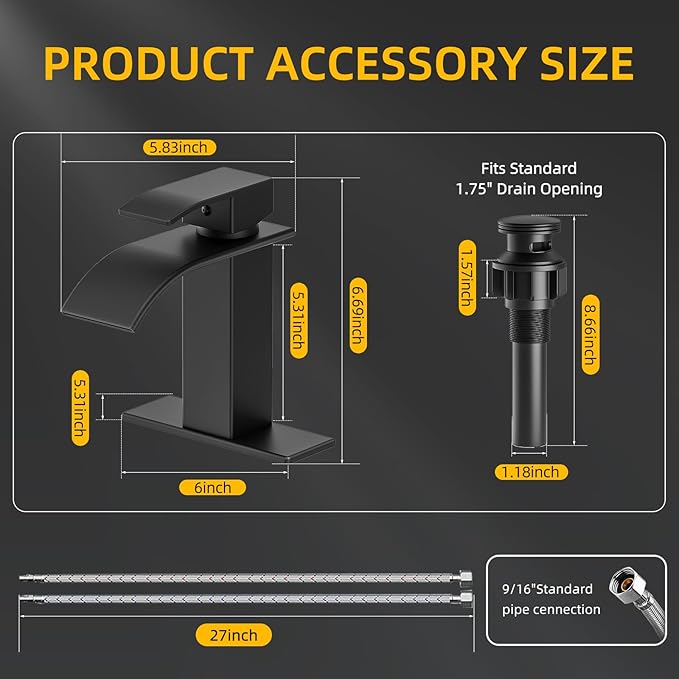 Bathroom Faucet Matte Black Modern Waterfall Bathroom Sink Faucet with Single Handle Suitable for 1 or 3 Holes,Supply Deck Plate and Hose