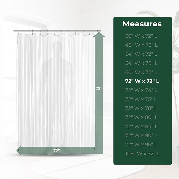 Shower Curtain Liner with Side Suction Cups, Premium PEVA Plastic Shower Liner with 3 Magnets, Waterproof Bathroom Curtain, 72 x 72, Frosted