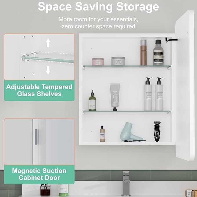 16x24 Inch Medicine Cabinet with Mirror, Recessed or Surface Mount Bathroom Medicine Cabinet with LED Lights, Anti-Fog, Memory Function, Adjustable Shelf, Dimmable Light, ETL Listed, White,Right Hinge