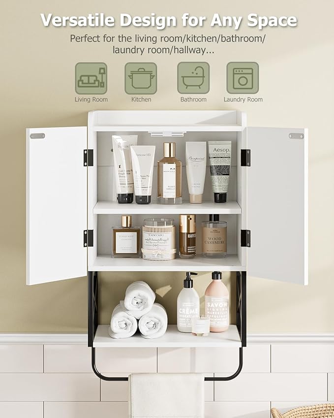 Masupu Bathroom Cabinet Wall Mounted, Wooden Medicine Cupboard with Adjustable Shelves, Space-Saving Wall Storage Unit for Bathroom, Kitchen and Living Room (9" D x 15.35" W x 27.16" H,Modern White)
