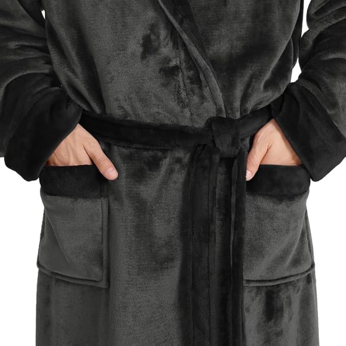 Yurhap Luxury Mens Robe with Hood, Ultra Cozy Fleece Bathrobe for Men, Plush Hooded Robe with Belt & 2 Pockets