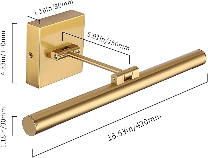 Joosenhouse LED Picture Light Fixtures Dimmable 16.53" Inch Modern Metal Artwork Hallway Lamps with Single Swing Arm, 7W (50W Eqv.), Hardwired Connection, Warm White, CRI80+, Golden-Like Brass Finish